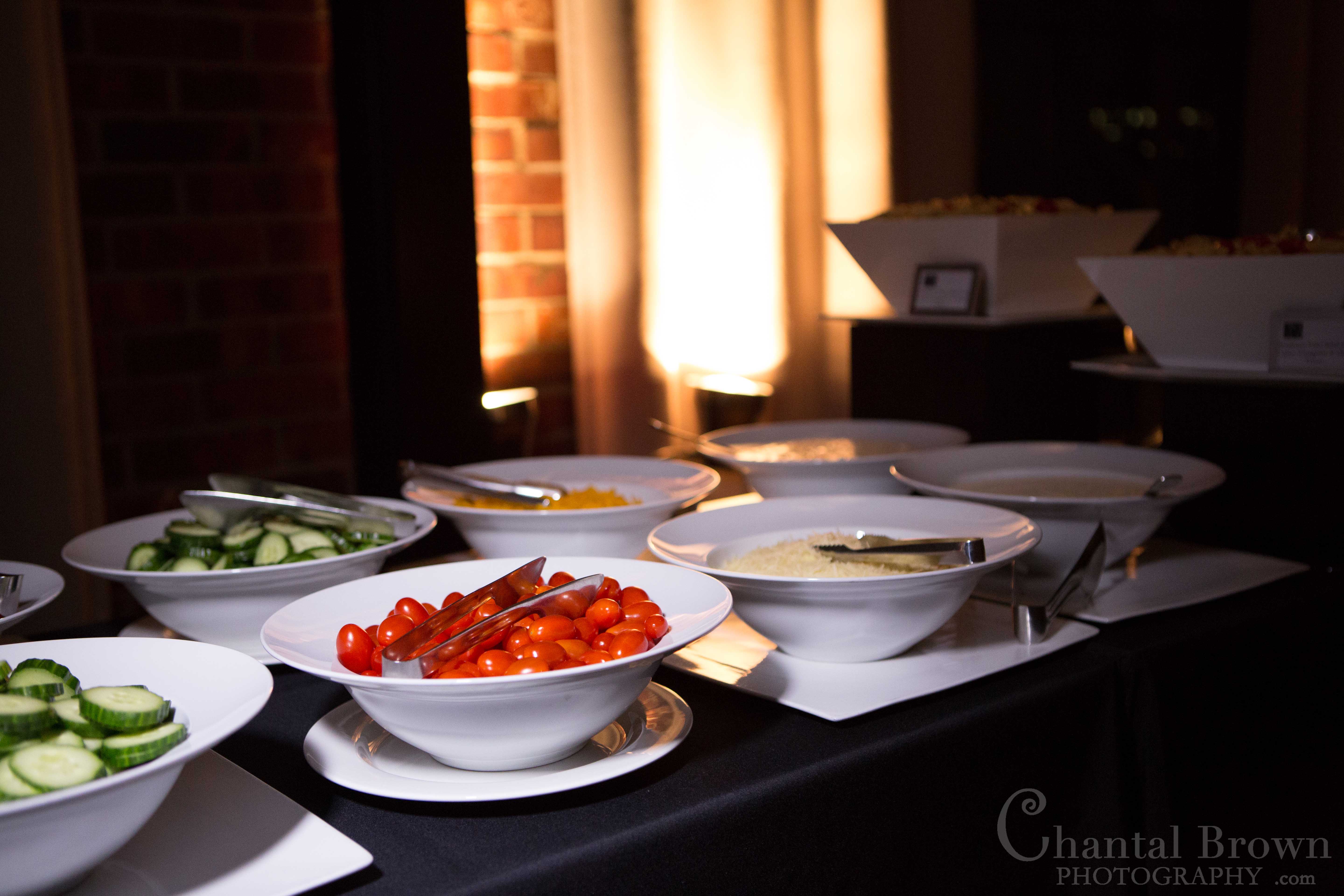 good wedding reception food at NYLO hotel Dallas Wedding Photographer salad, cucumbers pasta